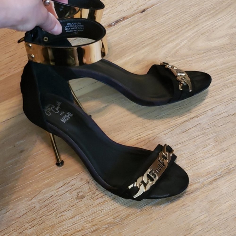 JEFFREY CAMPBELL sz 7 BLACK F*CK OFF or F BOMB METAL ACCENT HEELS strappy sandal - Picture 3 of 7